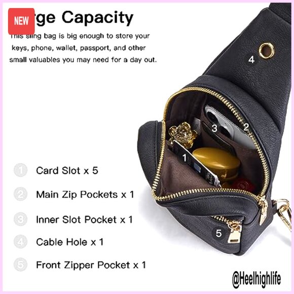 Leather Crossbody Sling Bag Large Capacity Adjustable Strap Travel Purse